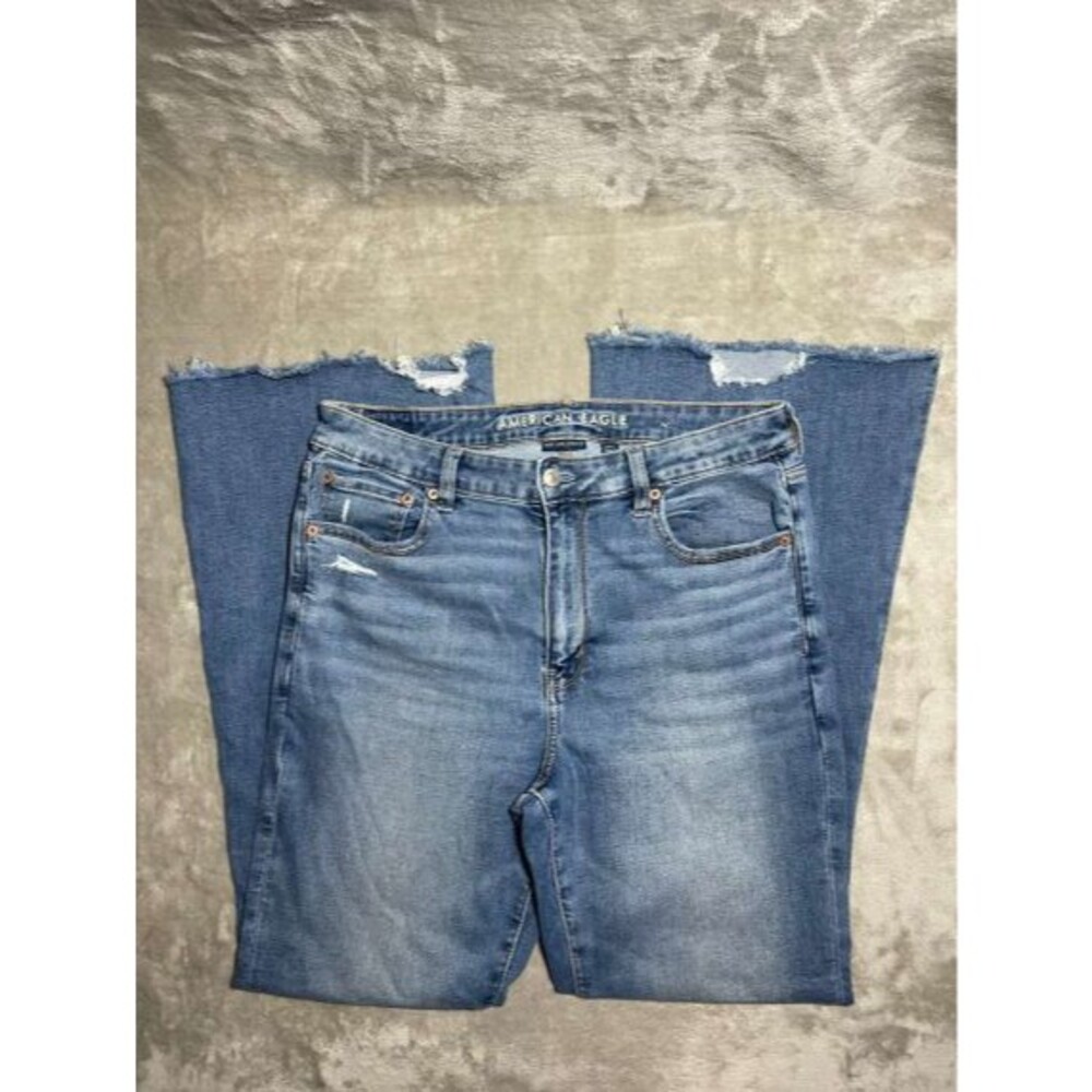 American Eagle Flare Jeans Women Size 14 Super High Rise Denim Distressed